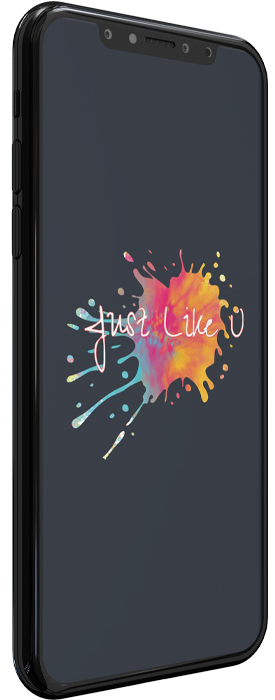 Image d'un téléphone avec comme fond d'écran le logo de Justlikeu