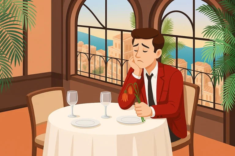 Homme seul à un rendez-vous dans un restaurant, tenant des fleurs fanées, illustrant l’échec d’un site sans stratégie digitale