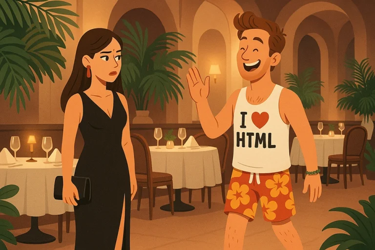 Un homme en short à fleurs, tongs et débardeur "I love HTML" arrive à un rendez-vous avec une femme élégamment vêtue dans un restaurant chic.